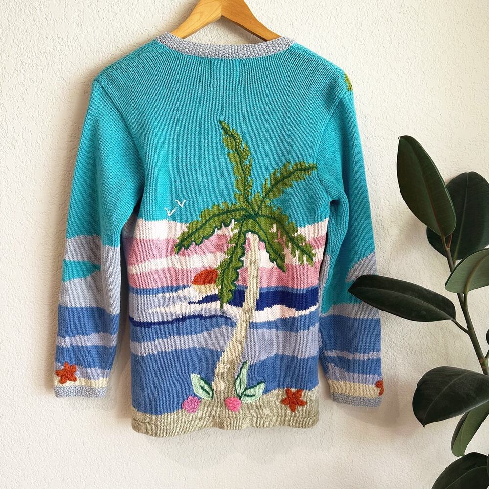 VTG Storybook Knits Cardigan Small Novelty Beach Tropical Coastal 3D Crochet - Picture 3 of 11